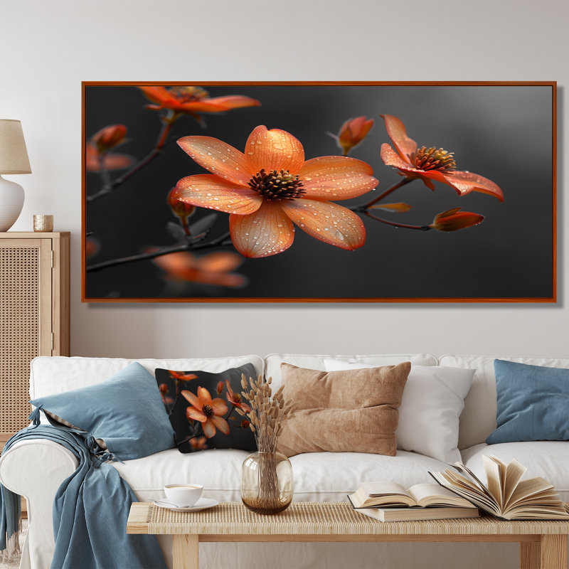 Fleur d'été cornouiller monochrome orange noir II - cornouiller, Toile avec cadre flottant brun, H 28 po x l 60 po x P 1,5 po