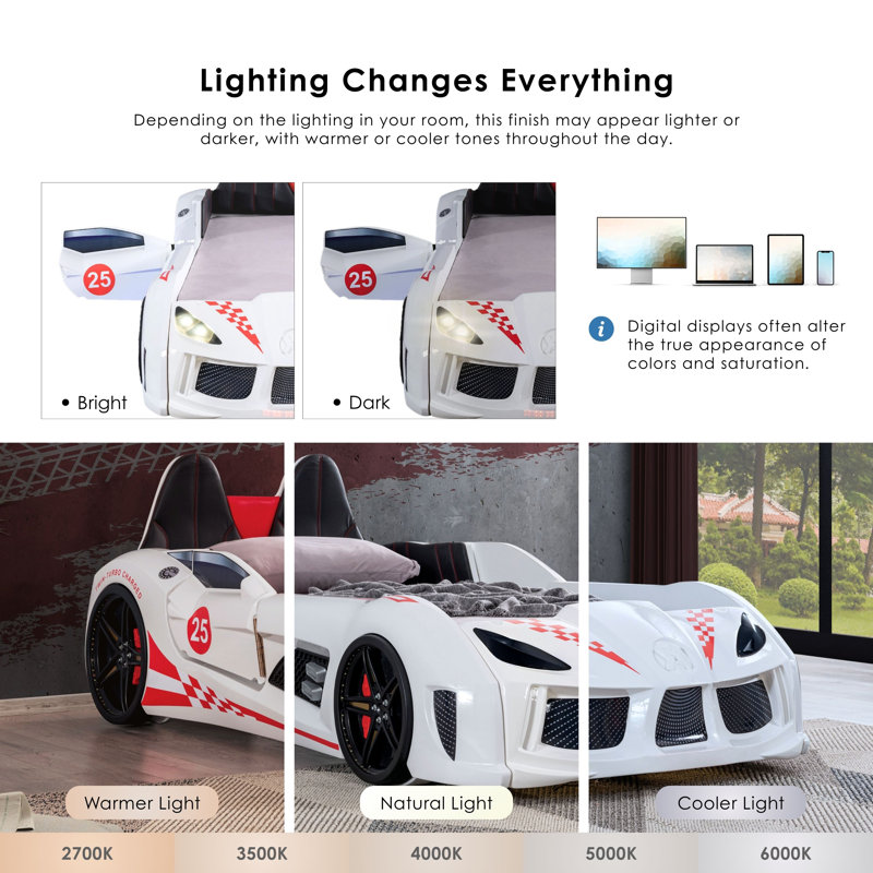 Lunnie Twin Race Car Bed with LED Lights and Remote Sounds, White