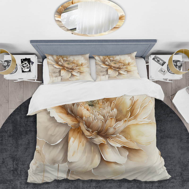 Ensemble de housse de couette simple fleur beige en V - Polyester en microfibre