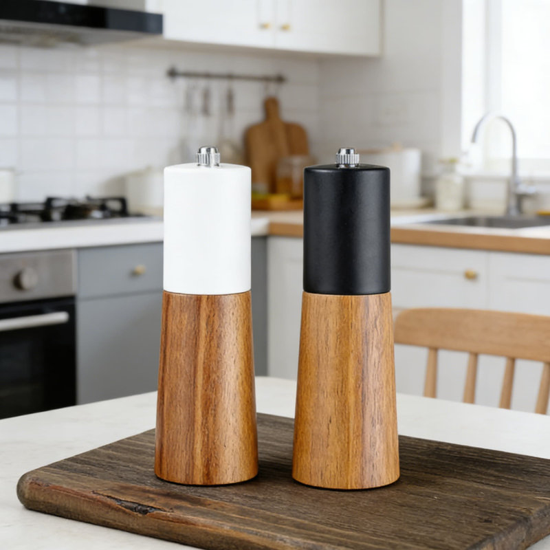 Ensemble de moulins à sel et à poivre en bois d'acacia de qualité supérieure avec noyau en acier céramique, grosseur réglable, comprend un support en bois et une cuillère pour les épices fraîchement moulues