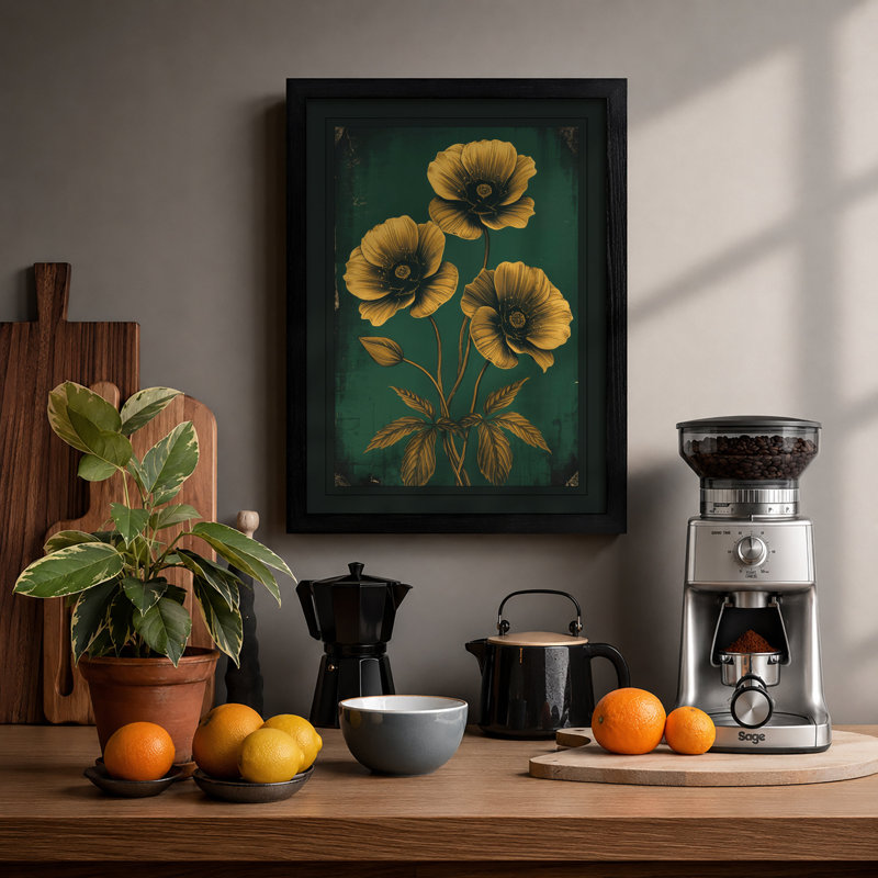 Golden Blooms Study Botanical - Framed Print, A2 - 59.4 x 42.0 cm, Black
