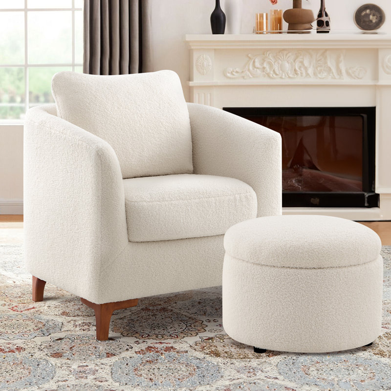 29.5" Wide Upholstered Barrel Accent Armchair With Storage Ottoman and Pillow, White Lamb Fleece Polyester Blend