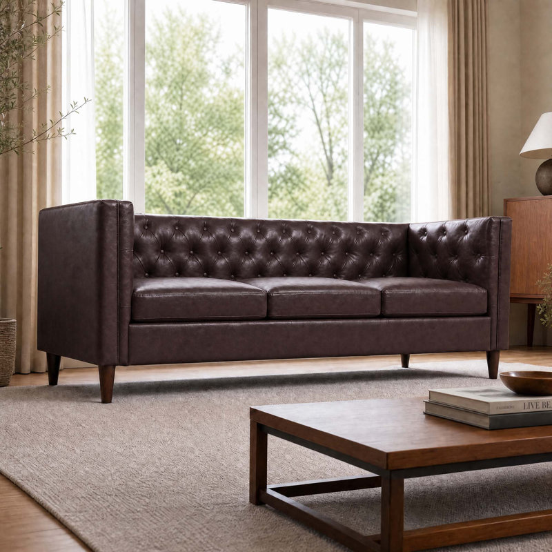 Canapé de 81 pouces moderne en cuir, canapé Chesterfield capitonné à boutons 3 places avec assise profonde, canapé en cuir de polyuréthane pour appartement et bureau