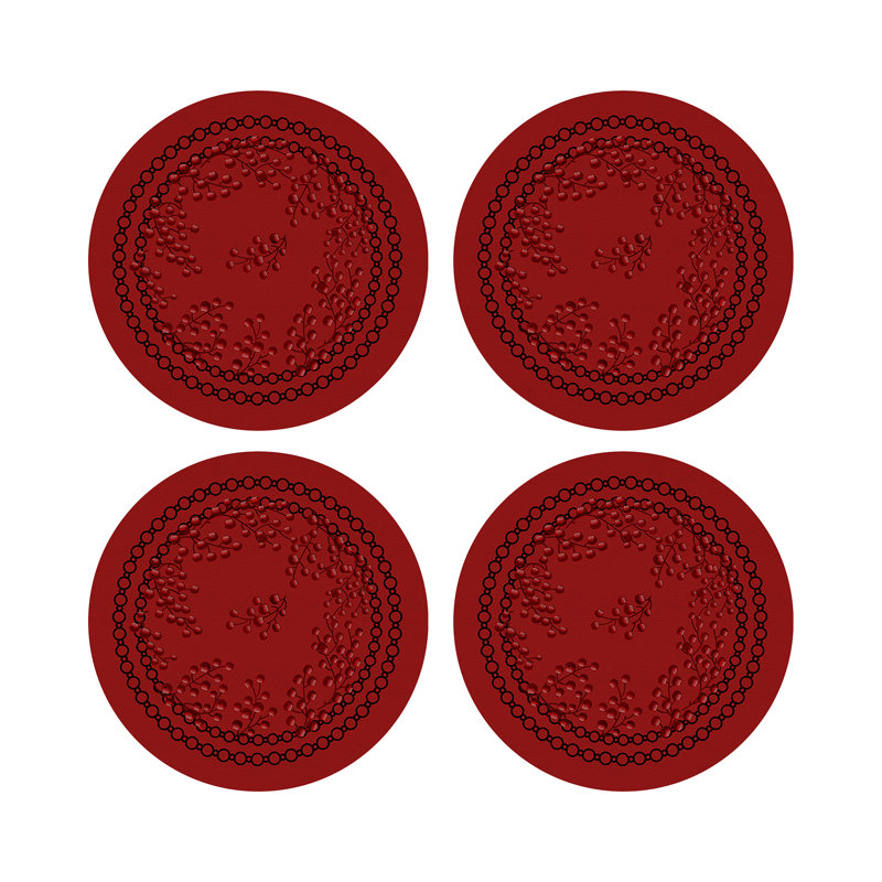 Christmas Berries Vegan Leather Round Pebble Placemat, Red
