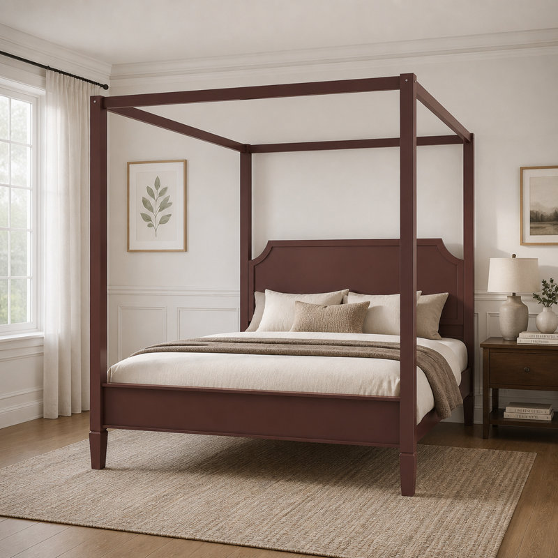 Lit plateforme en bois à baldaquin, taille King, avec tête de lit et pieds de soutien, noyer, Très grand lit, Walnut