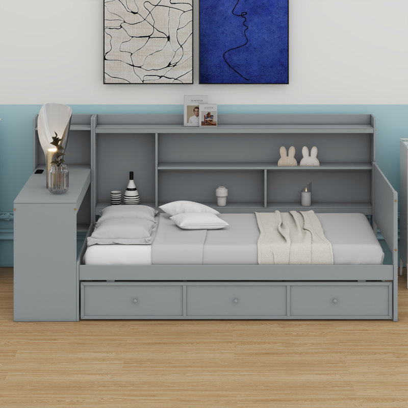 Lit de jour avec 3 tiroirs, ports USB et bureau, gris