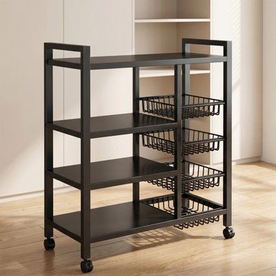 4-Tier Kitchen Storage Cart, Mobile Metal Shelf with 3 Mesh Baskets, Rolling Utility Organizer on Casters