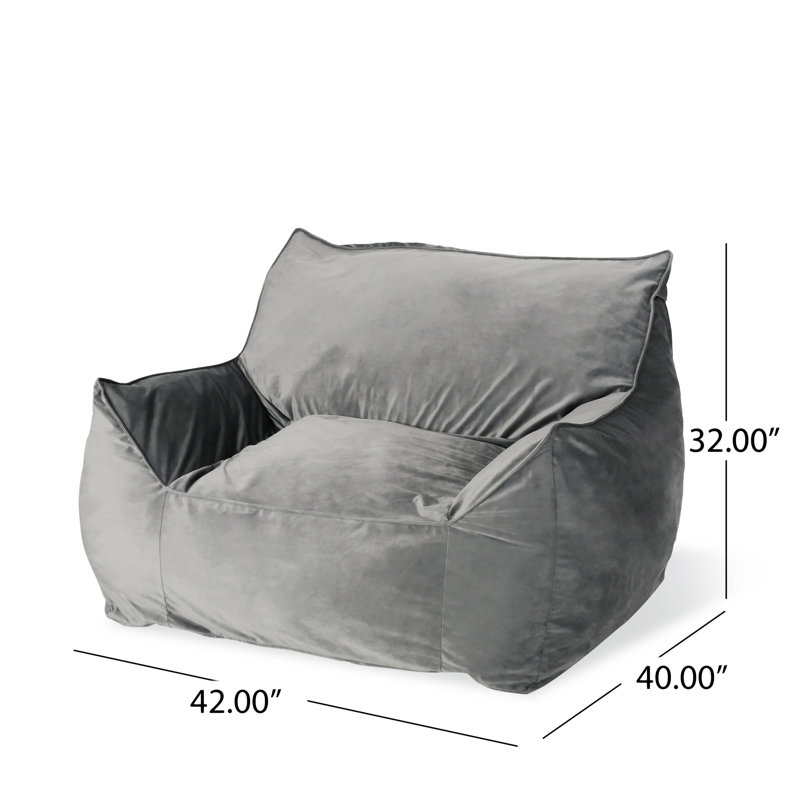 Allea Velveteen Bean Bag Chair With Armrests, Gray Velvet