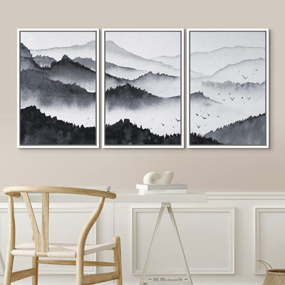 «Misty Mountain Forest», peinture sur toile flottante 3 pièces
