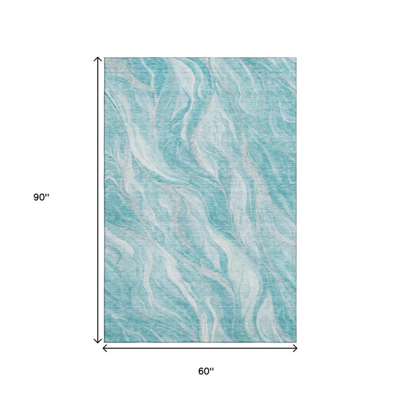 Tapis abstrait lavable sarcelle et ivoire 5 pi x 8 pi avec protection UV