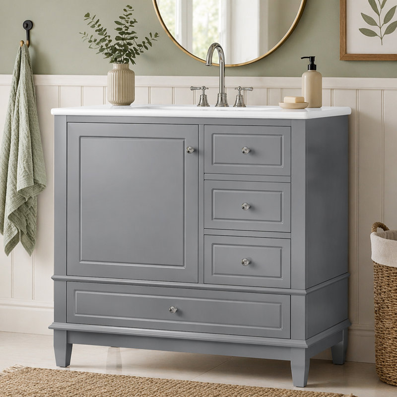 Bathroom Vanity With Sink And Drawers,   Freestanding Vanity Cabinet With Ceramic Top And Storage Shelves, MDF And Solid Wood Base, Modern Sink Cabinet For Small Bathrooms