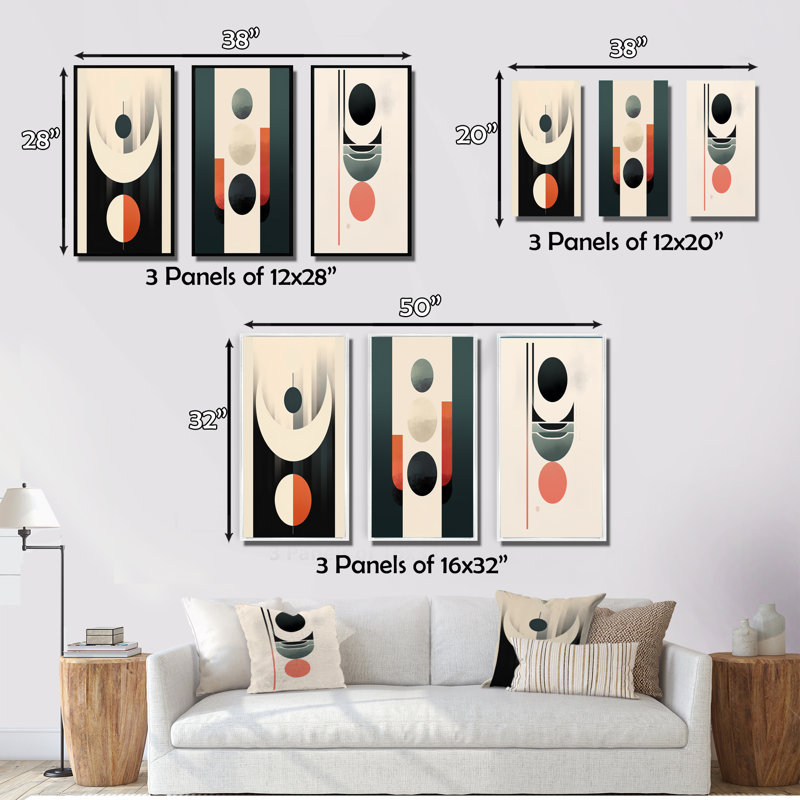 Pure Lunar Imagination Geometric Minimalism I - Transitional Art Set Of 3 Pieces, Toile tendue, H 28 po x l 36 po