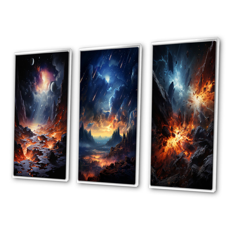 "Météores impact stellaire" - 3 pièces sur toile, Cadre flottant blanc, H 28 po x l 36 po