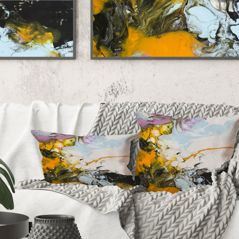 Coussin jaune avec imprimé moderne jaune et noir liquide Art II