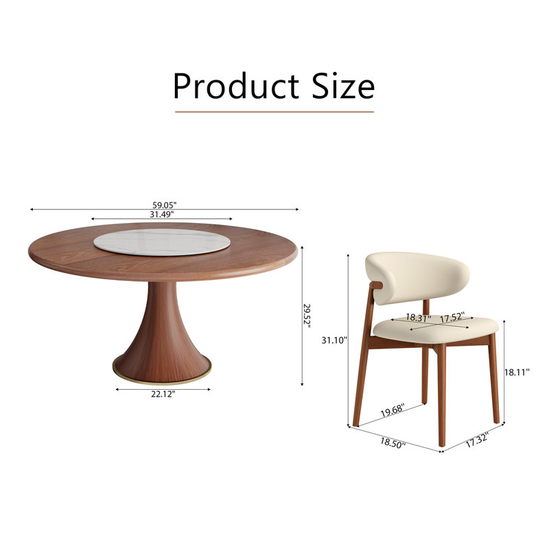 Ensemble de table de salle à manger ronde en bois massif avec plateau tournant en pierre (1 table 4/6 chaises)