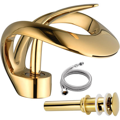 Waterfall Bathroom Sink Faucet – Single Hole Solid Brass Vanity Faucet with Single Handle, Pop-Up Drain & Supply Line