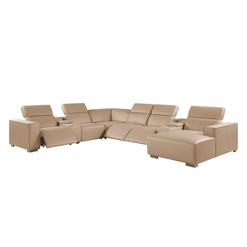 Canapé modulaire en cuir véritable 8 pièces BEIGE faisant face à droite avec 3 fauteuils inclinables électriques et appuis-tête réglables