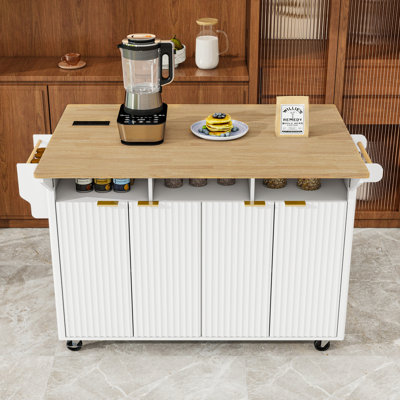 Rolling Kitchen Island Cart with 2 Drop Leaves, Power Outlet, 4 Fluted Doors and Spice Rack by Lark Manor