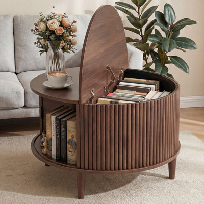 31.7" Round Coffee Table with Flip-Top Storage and Sliding Tambour Door, Modern Fluted Drum Coffee Table with Solid Wood Legs by Ebern Designs