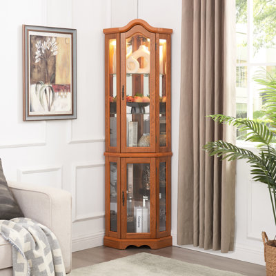 Stylish Oak Curio Cabinet With Tempered Glass And Storage Options Corner Shelves , Versatile Bedroom