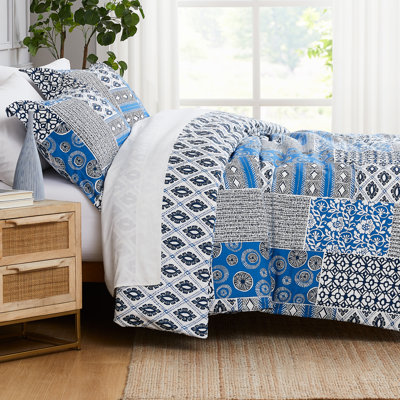 Southshore Fine Linens Global Patchwork Blue Full/Queen 3-Piece Boho Patchwork Duvet Cover Set with 2 Standard Shams, Hidden Zipper & Corner Ties