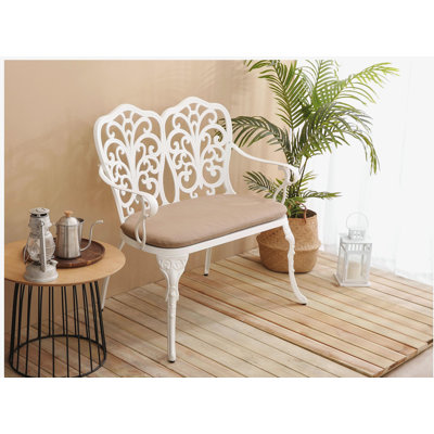 Patio Garden Bench Metal Park Bench Cast Aluminum Outdoor Furniture with Floral Rose for Patio,Park,Lawn,Yard with cushion white