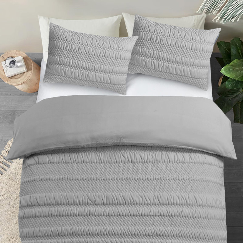 3D Embossed Geometric Pattern Saville Duvet Set, Silver, 3, Double Duvet Cover Set