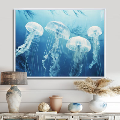 White Jellyfish Floating To Ocean Surface Sunlight - Jellyfish Wall Art Living Room