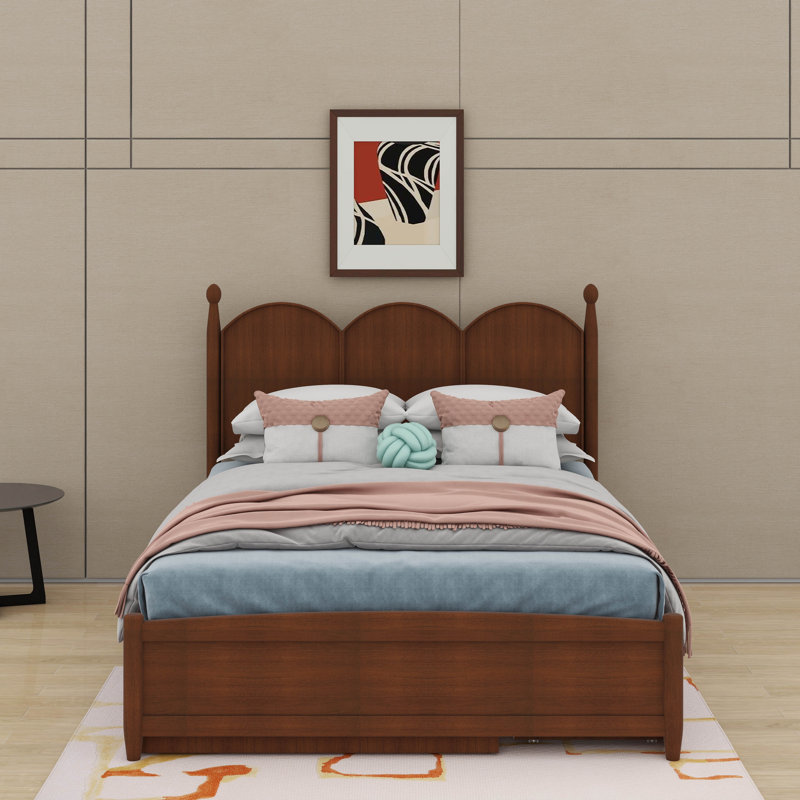 Grand lit plateforme avec tiroirs, lit gigogne simple TG, Noyer