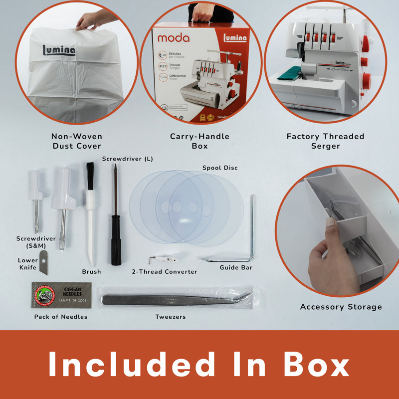 Lumina Moda White and Orange Heavy-Duty Serger Overlock Machine