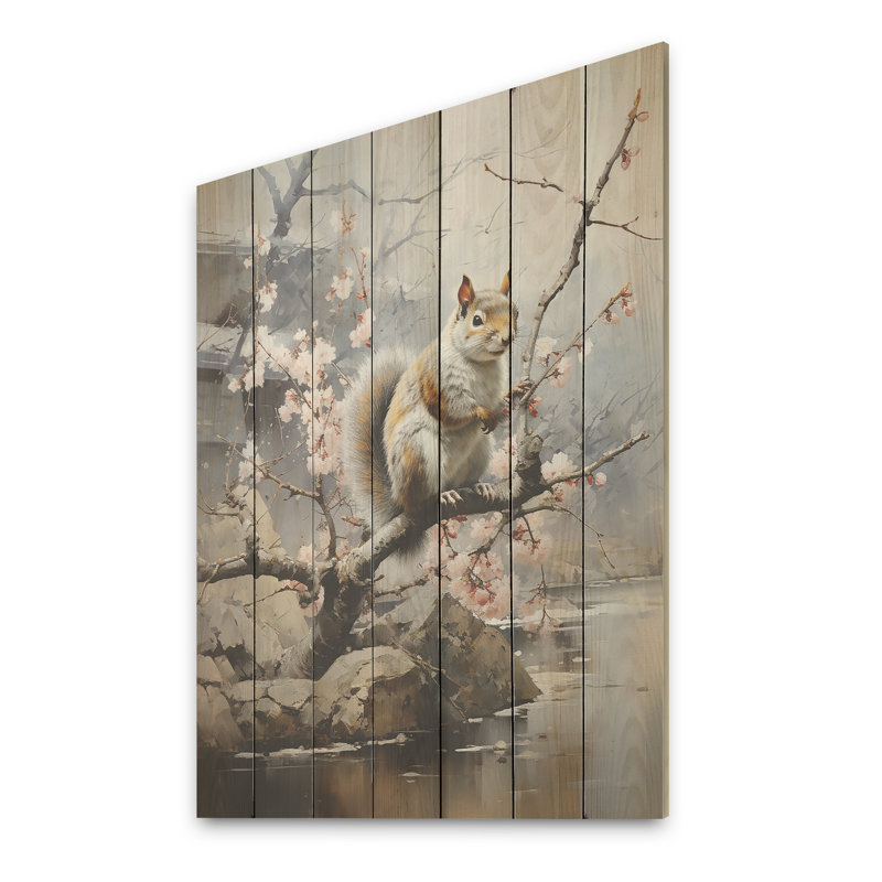 Écureuil brun sur fond de cerisier rose I - animal écureuil sur bois, H 32 po x l 24 po
