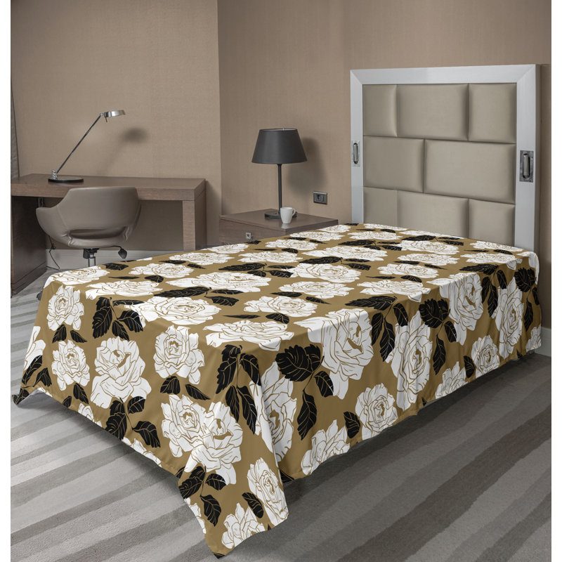 Drap plat Ambesonne, Drap plat pour lit simple, Floral kaki foncé gris anthracite, gris / floral