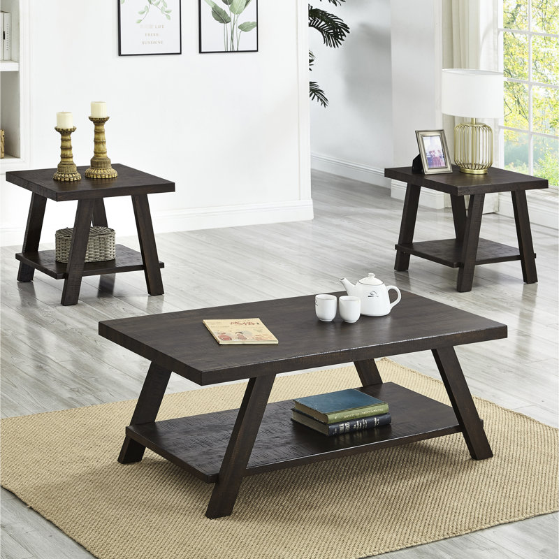 Table basse gris anthracite et beige patiné - 3 tablettes de rangement contemporaines en bois, Espresso