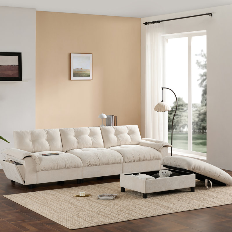 Canapé modulaire avec 4 sièges, accoudoir coulissant multifonctionnel, porte-gobelet, charge, poches latérales, rangement amovible, siège en chenille pour l'intérieur