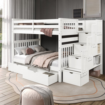 Tena Solid Wood Standard Stairway Bunk Beds Full over Full with 4 Drawers in the Steps and 2 Under-Bed Drawers, White