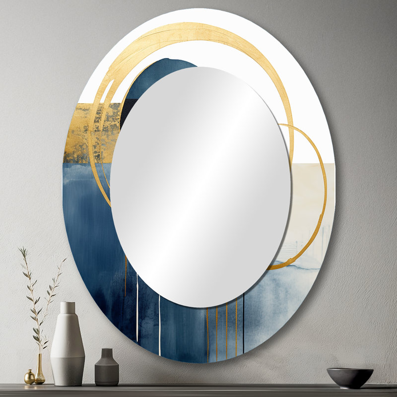 Moon Bliss On Delft Blue Sky Mid-Century IV - Miroir décoratif ovale abstrait sur métal, 43 po x 33 po