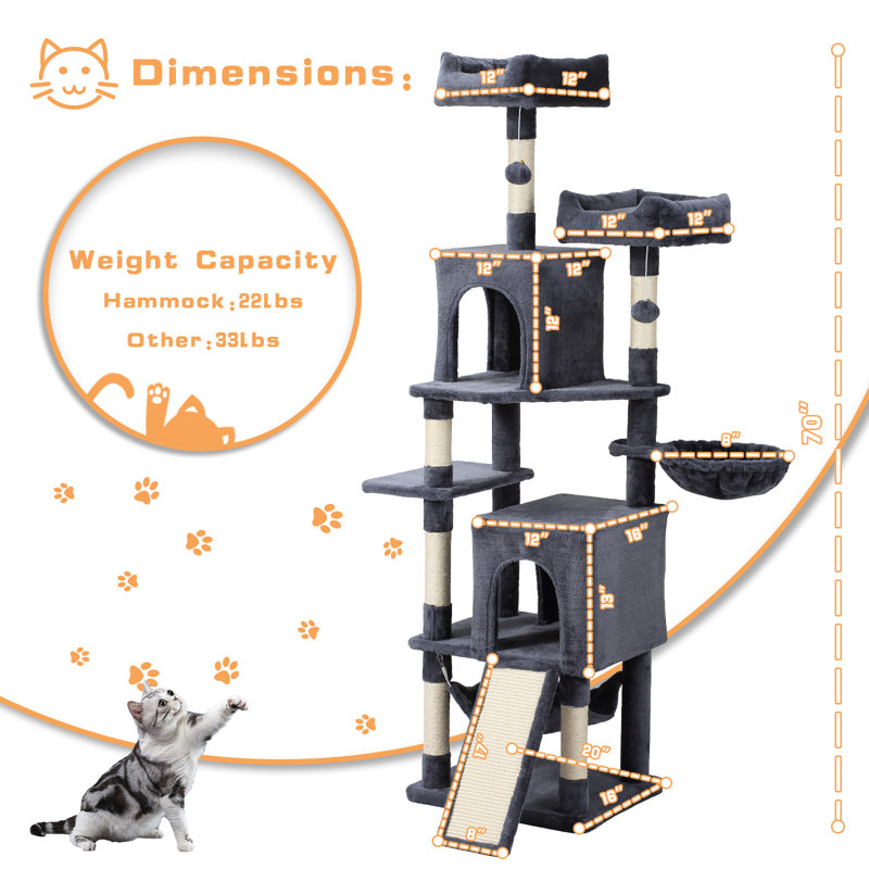 Arbre à chat 70 po H 70 po avec plusieurs aires de jeu, poteaux à griffer en sisal et tissu moelleux doux, Gris foncé