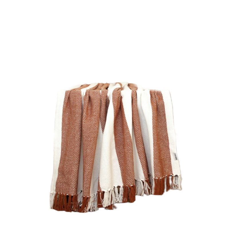Jeté rayé en coton tissé orange brûlé