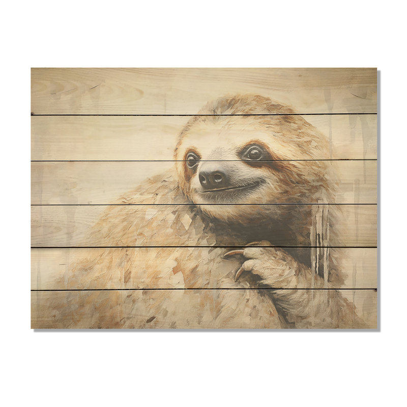 «Thoughtful Sloth I - Paresseux, art sur bois de pin naturel, H 10 po x l 20 po
