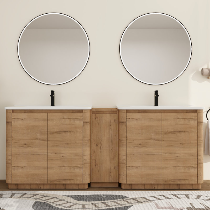 Ensemble de meuble-lavabo double 84 po avec plateau en céramique Ornar, meuble-lavabo double autoportant avec lavabo en céramique