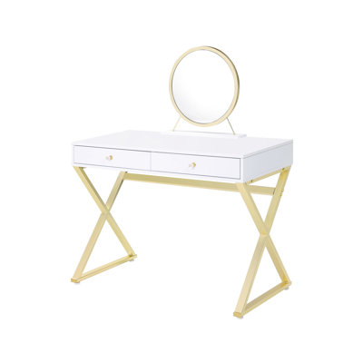 Meuble-lavabo blanc et doré avec disposition rectangulaire, poignée en cristal, structure en métal, plateau à bijoux miroir inclus, extension à 2 ou 3 tiroirs