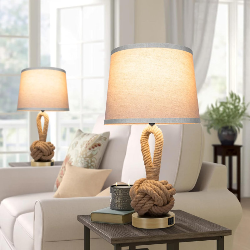 Lampes de table en rotin Boho, lampes de chevet 22 po avec ports USB, 3 températures de couleur, ampoules DEL incluses