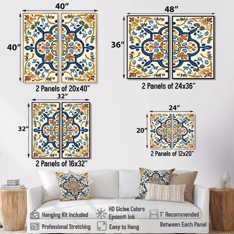 Carreaux de la Méditerranée en bleu rétro IV - tuile abstraite, décoration murale, H 36 po x l 48 po, Toile tendue