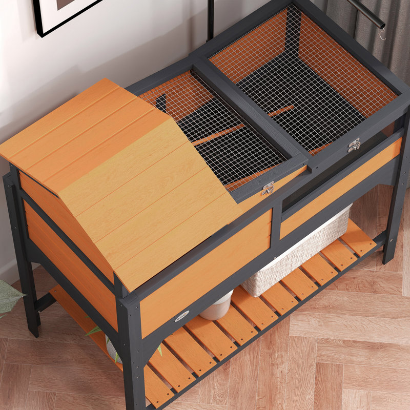 Tortoise Habitat 2 couches de tortue avec support de lampe réglable, tablette de rangement, maison principale amovible, plateau fixe, couvercle ouvrable, jaune, bois