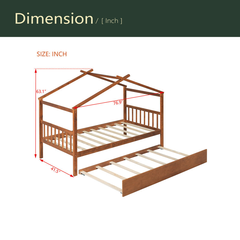 Wooden House Bed With Trundle, Twin, Walnut