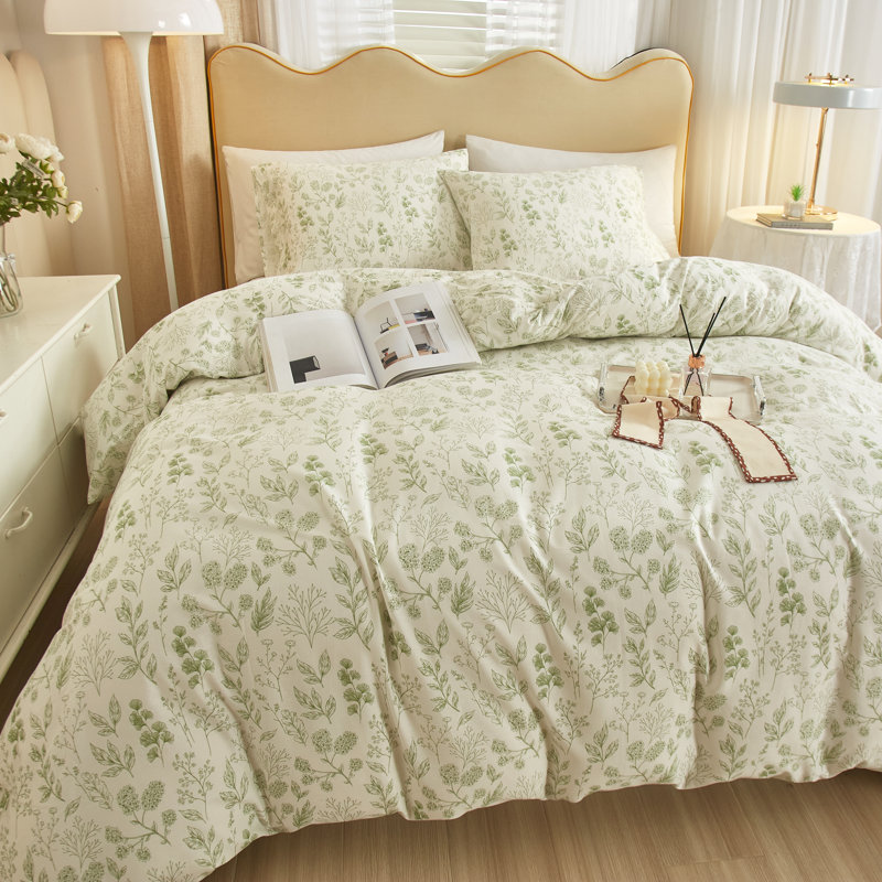 Ensemble de housse de couette en coton à imprimé floral, Housse de couette pour lit simple et deux taies d', Vert / floral