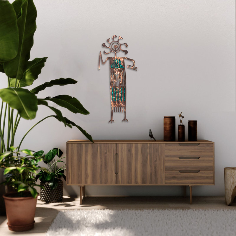 «Meyerdirk Art Petroglyph Southwest Steel», cuivre vieilli avec détails sarcelle, Bleu sarcelle