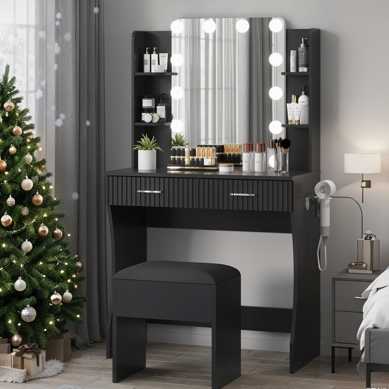 Makeup Vanity Desk with Mirror and 12 LED Lights, Vanity Table with Power Outlet, 2 Drawers, 6 Shelves, Hair Dryer Holder & Stool