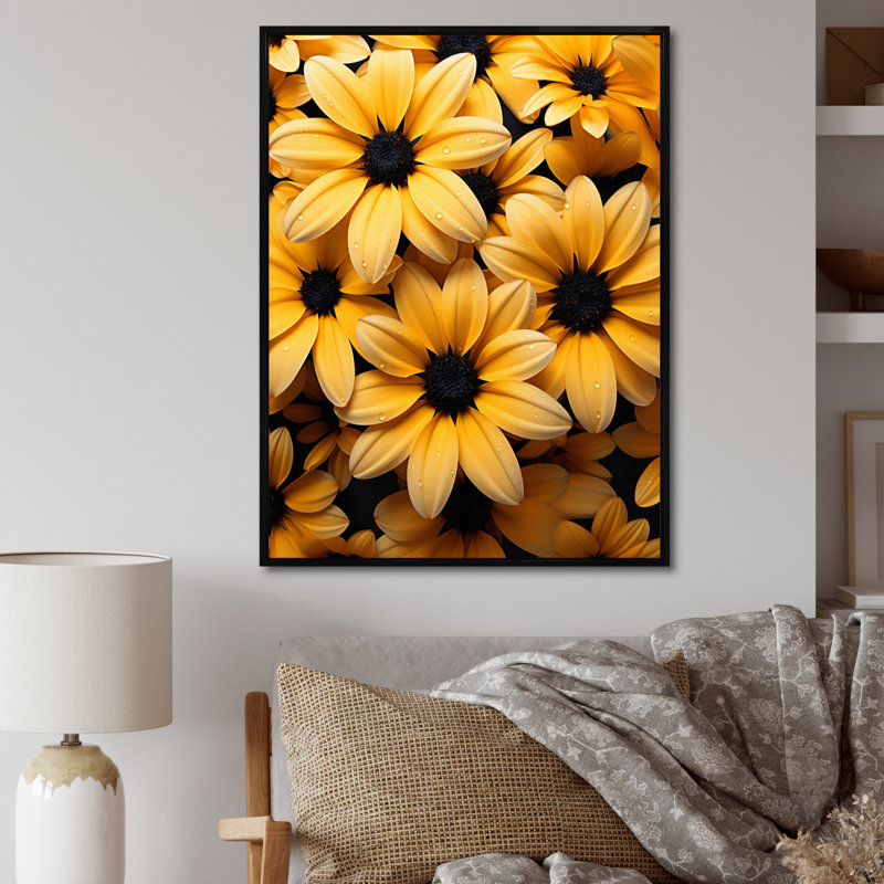 Dunleith Yellow Flowers Harmony - impression, Cadre flottant noir, H 20 po x l 12 po x P 1 po