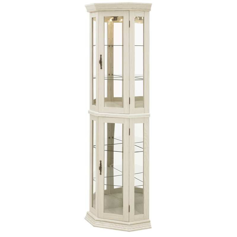 69.5" Lighted Glass Corner Curio Cabinet With Display And Adjustable Shelving, White
